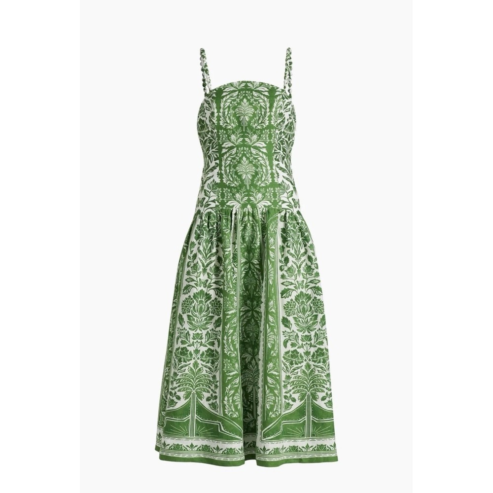 Farm Rio Linen Midi Dress Womens XL Delicate Tapestry Green Back Cutout NEW - Picture 2 of 6